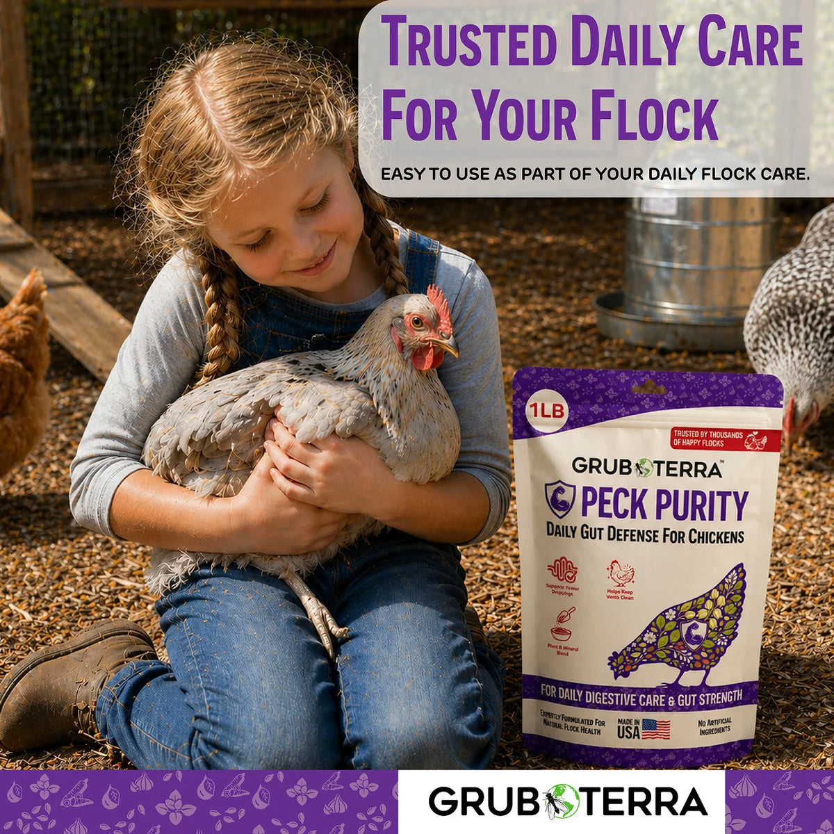 Trusted daily care for your flock — lifestyle photo with GrubTerra Peck Purity