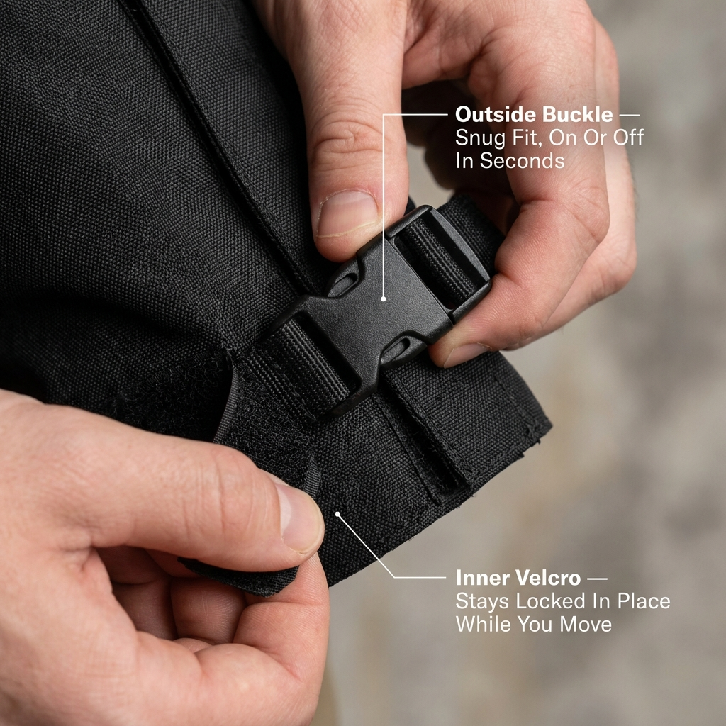 TerraGuard buckle and inner velcro detail — snug fit, stays locked in place