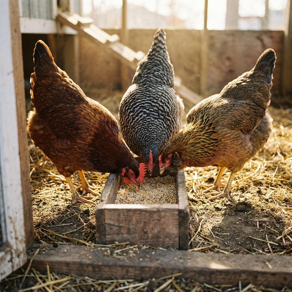 Backyard chickens eating from a feeding trough