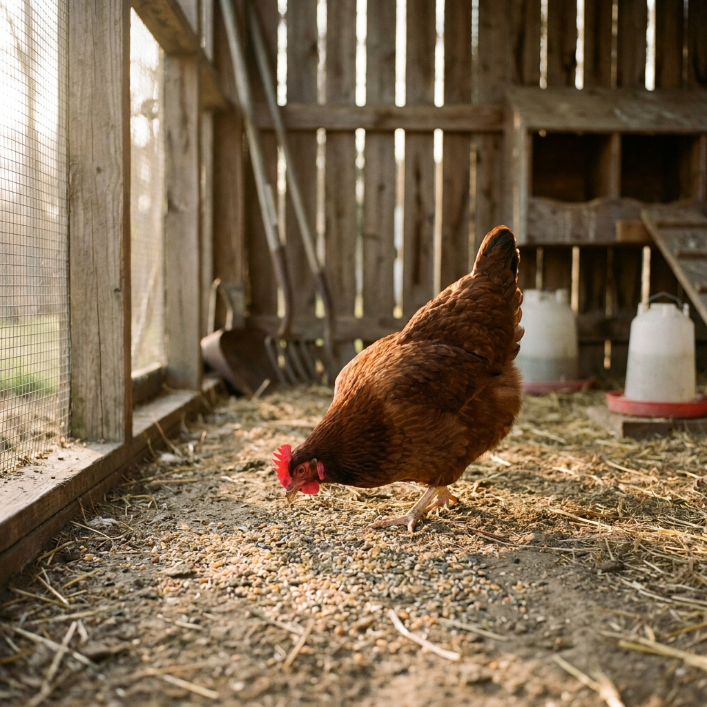Healthy hen pecking at feed in golden light